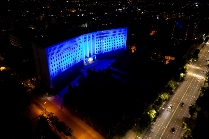 Moldova's parliament building illuminated in colours of EU's flag 